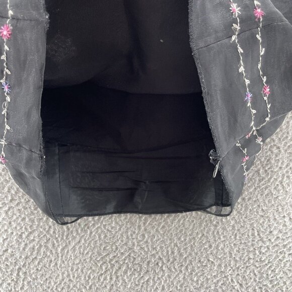 Vintage 90s Y2K BCBG Top S Black Embroidered Flowers Goth Grunge Sheer Square - Picture 3 of 10